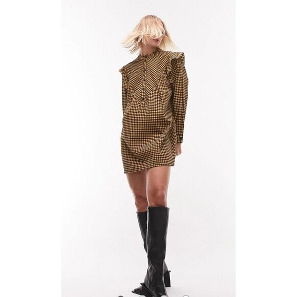 Topshop Textured Check Ruffle Mini Shirt Dress Mustard Sz 14 EUC - Picture 2 of 13